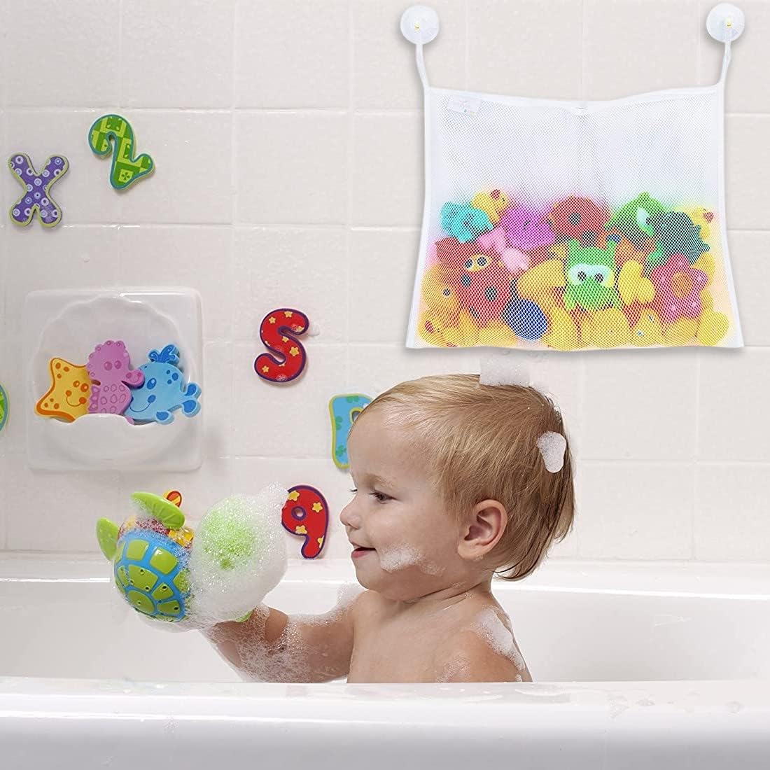 Filet de bain rangement jouets, animaux marins, 2 ventouses, lavable, sans perçage