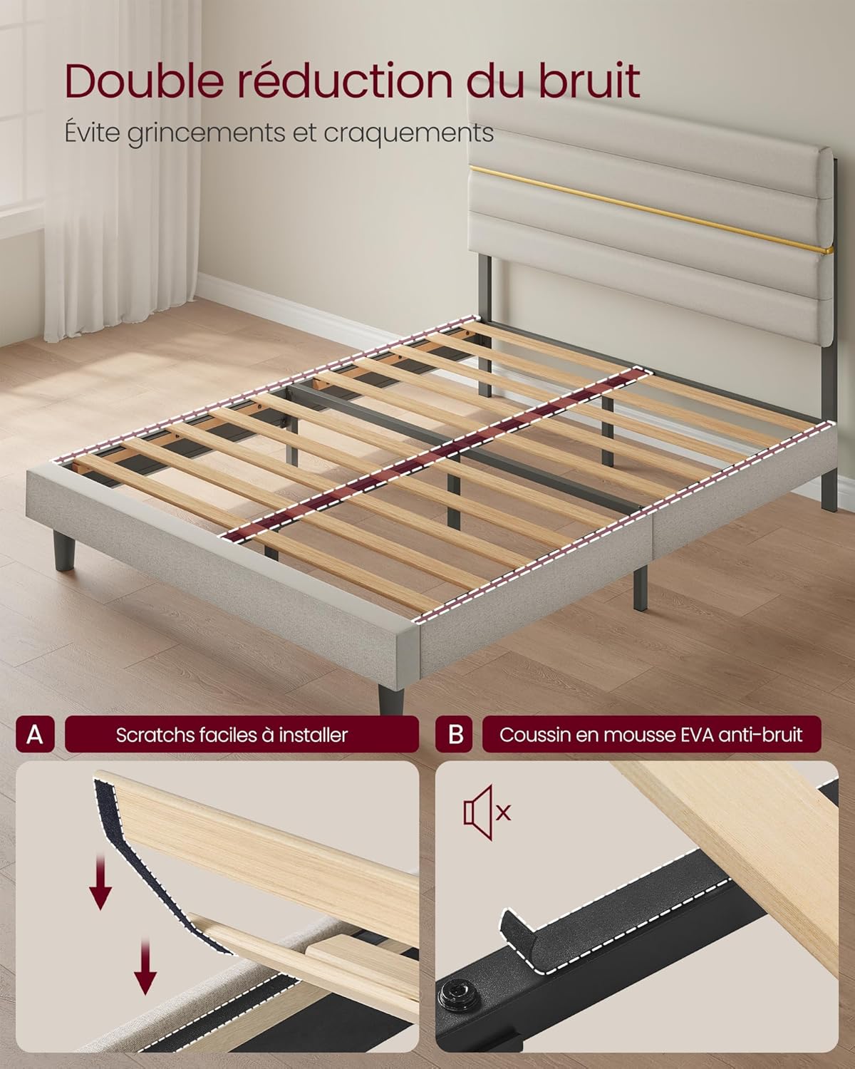 VASAGLE - lit double moderne - 160x200 cm - tête rembourrée ajustable métal bois massif - RMB505LH01