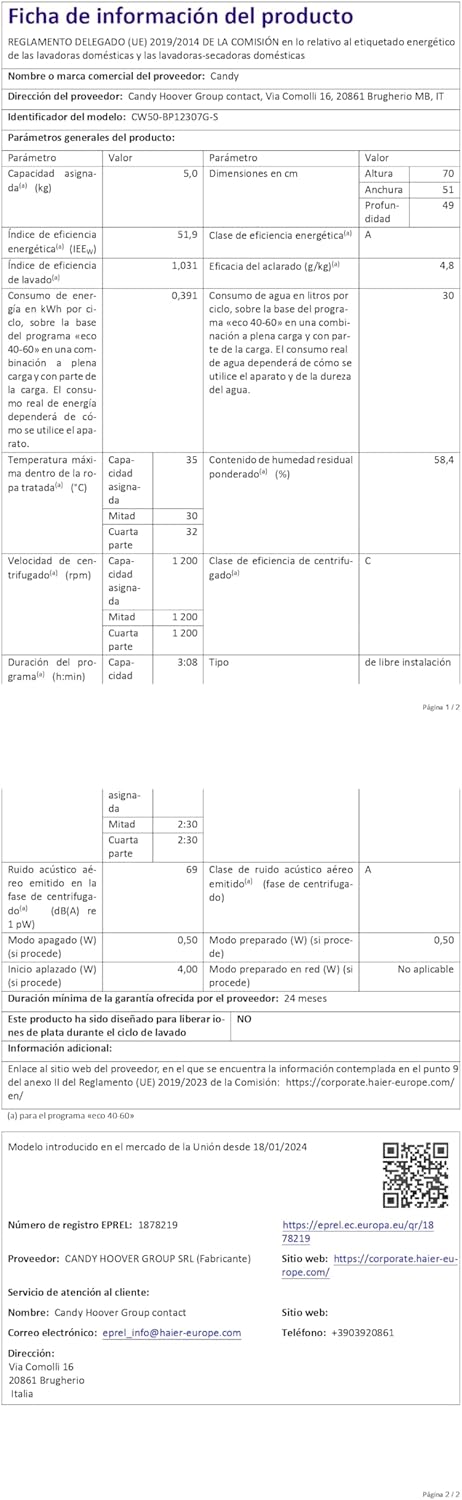 Candy - CW50 série - 70x51x42 cm - 5kg, 1200 trs/min, A, WiFi, 12 programmes, CW50-BP12307U1-S