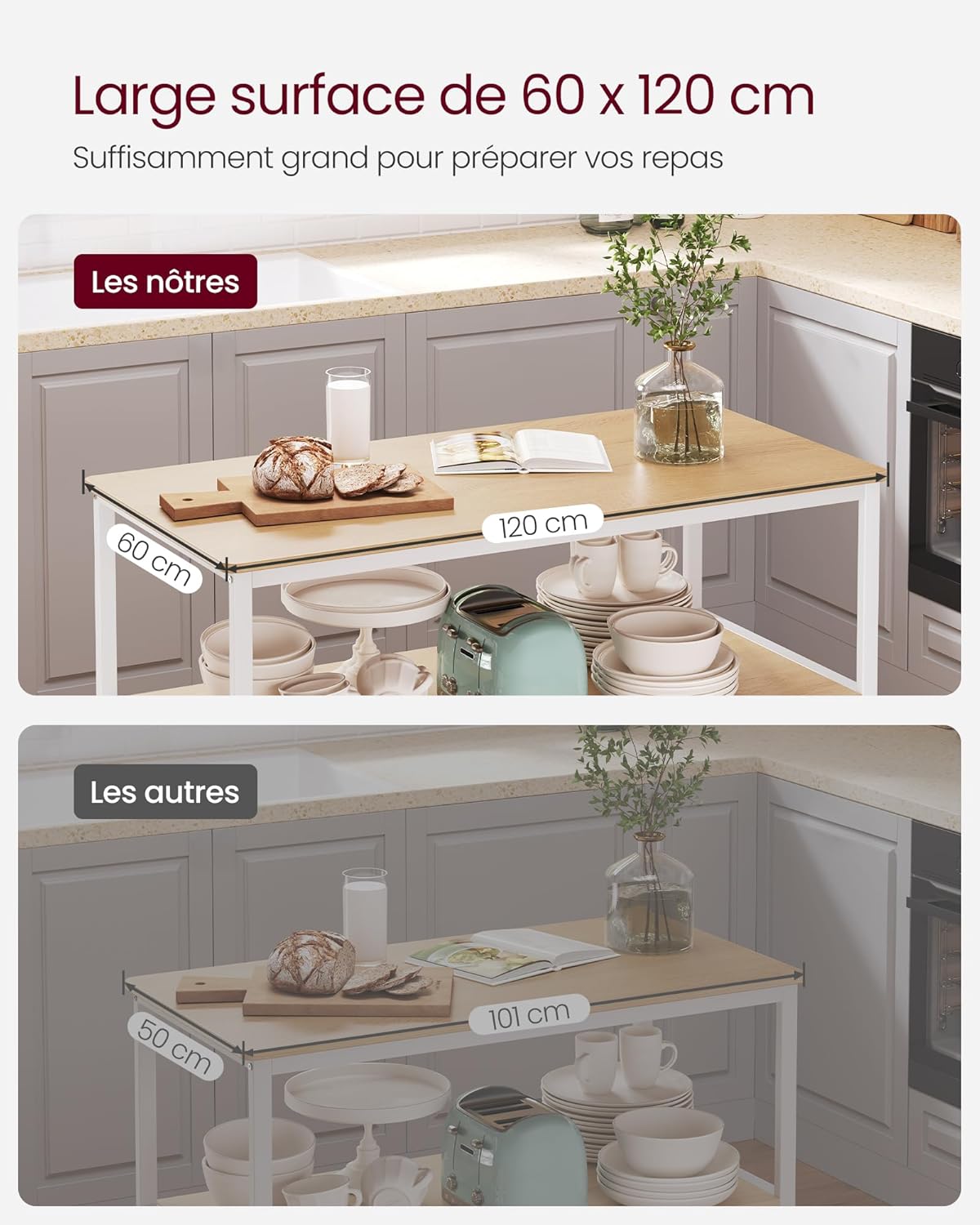 VASAGLE - îlot de cuisine 3 niveaux 60x120x90 cm acier chêne moderne KKI001W09