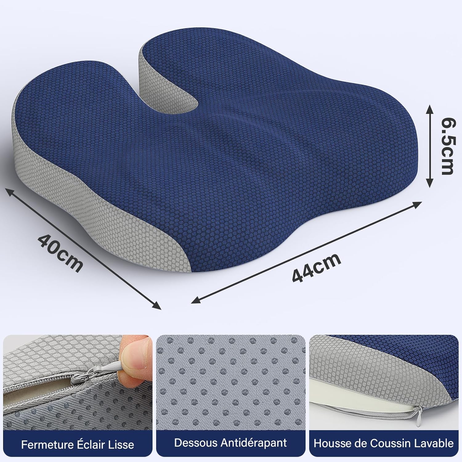 Coussin de siège - ergonomique pour coccyx, chaise, voiture, soulage douleurs sciatiques, bleu marine