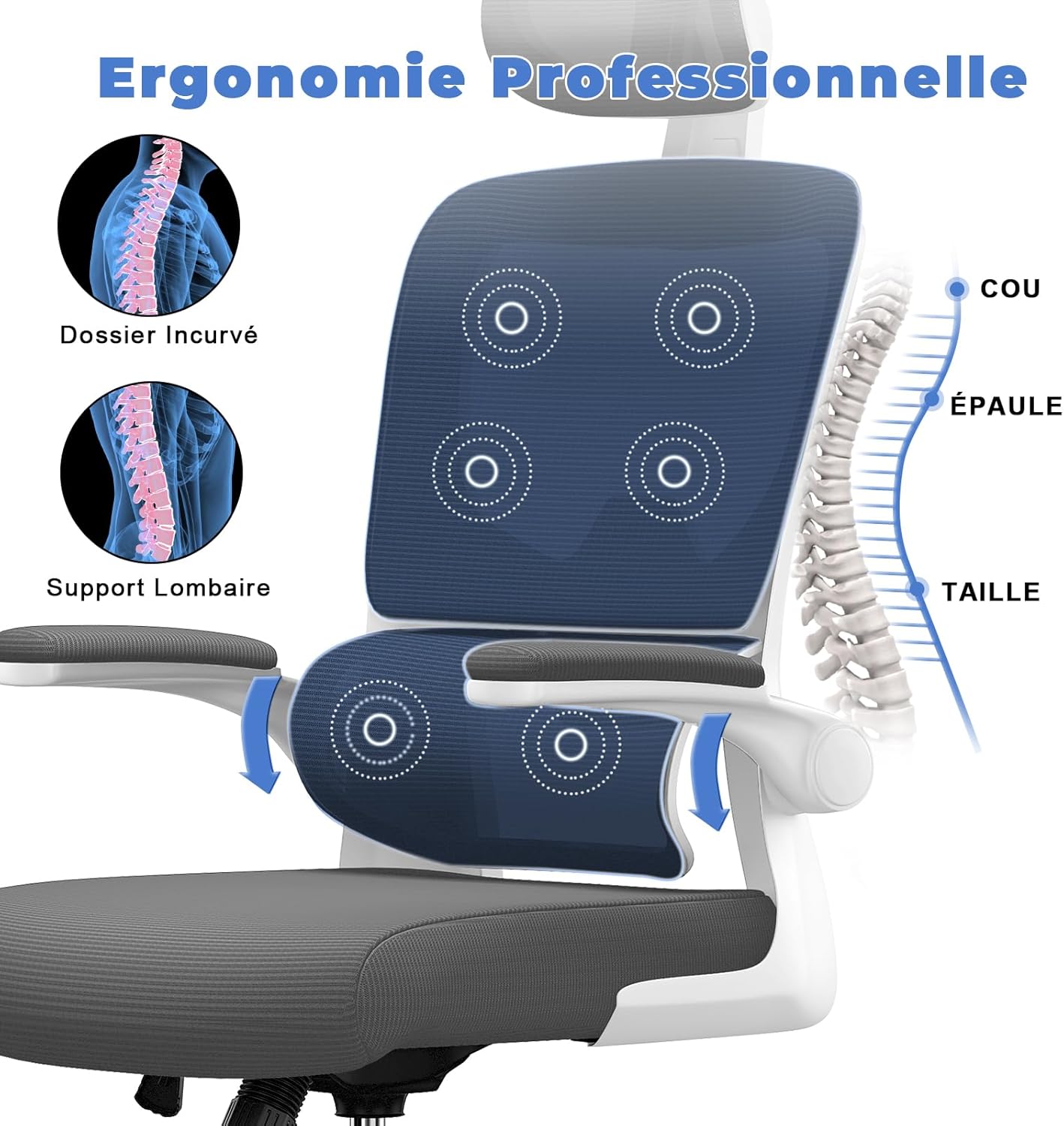 Chaise de bureau ergonomique - support lombaire réglable - appui-tête, accoudoirs réversibles, maille respirante - gris 