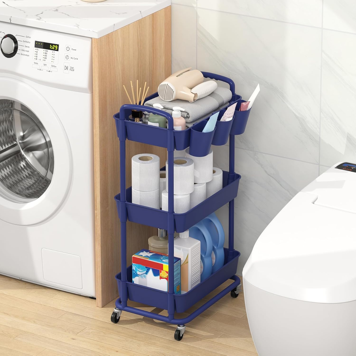 JIUYOTREE - Chariot de rangement 3 niveaux - 43x36x87 cm - roulettes verrouillables, poignées, gobelets suspendus, Bleu