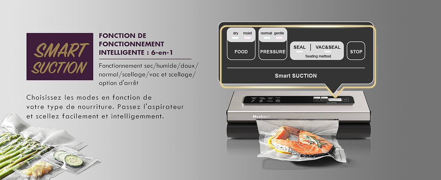 avec panneau de commande numérique. La boîte du produit adjacente porte la marque « Smart Suction » et un sac alimentaire scellé.