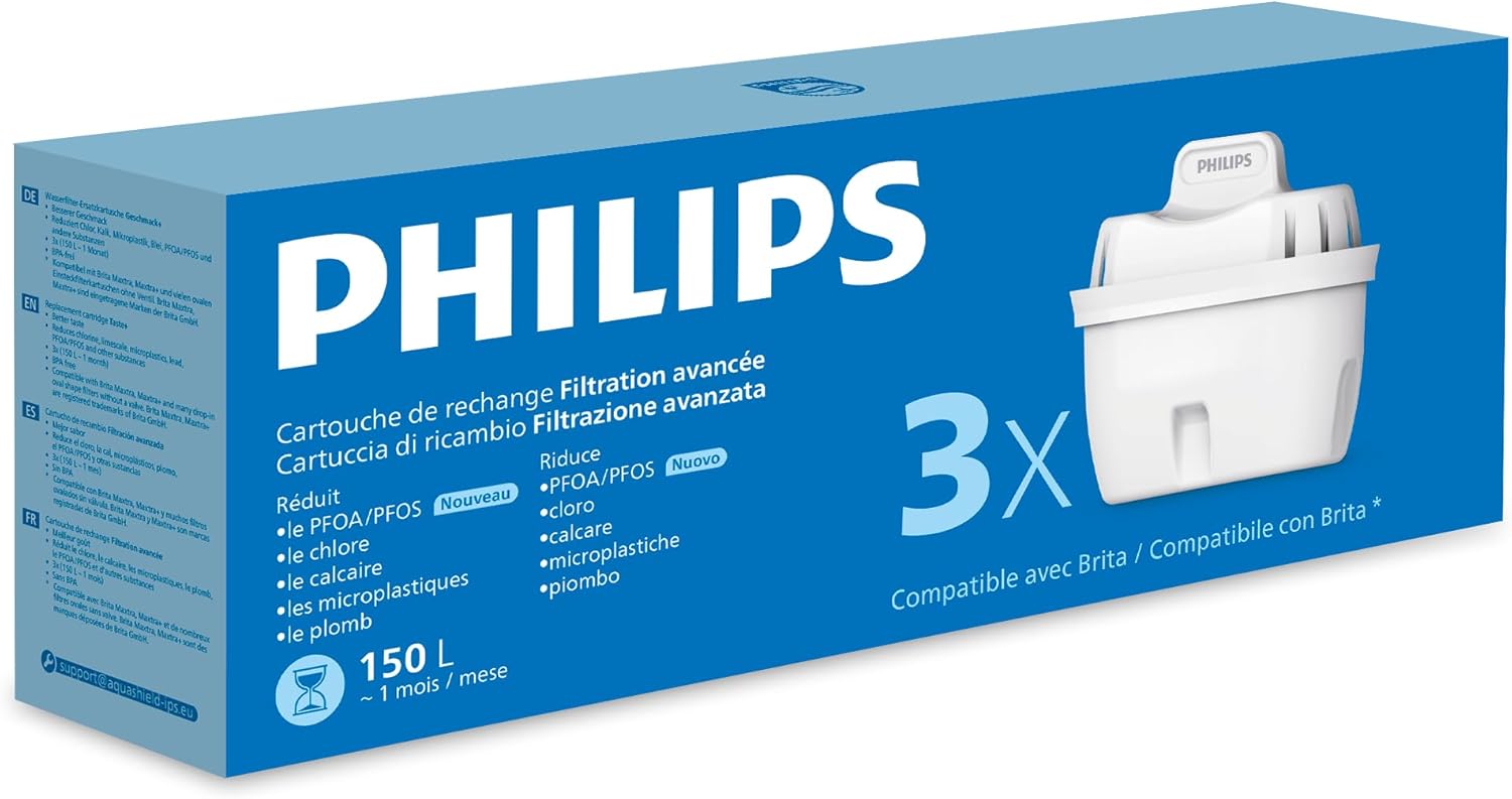 Philips - cartouches filtrantes - lot de 3 - anti-microplastiques, calcaire, chlore, métaux lourds, compatible Brita