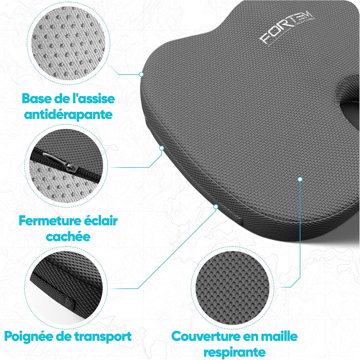 FORTEM - Coussin lombaire/assise, mousse mémoire, antidérapant, confort dos, chaise et auto