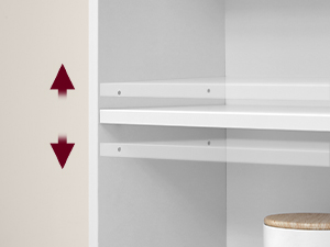 . Les flèches rouges indiquent le réglage vertical des étagères
