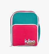 Le texte indique « igloo ». Petit sac à dos de couleur bleu sarcelle et rose vif avec bordure blanche et logo sur la poche avant.