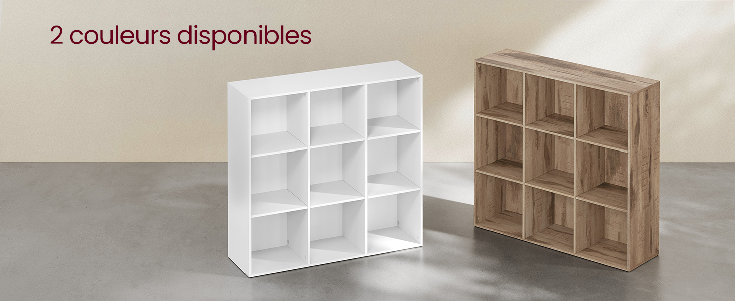 Organiseur de rangement à neuf cubes présenté en deux couleurs : blanc et bois naturel. Chaque unité comprend des compartiments de taille égale disposés selon une grille 3x3