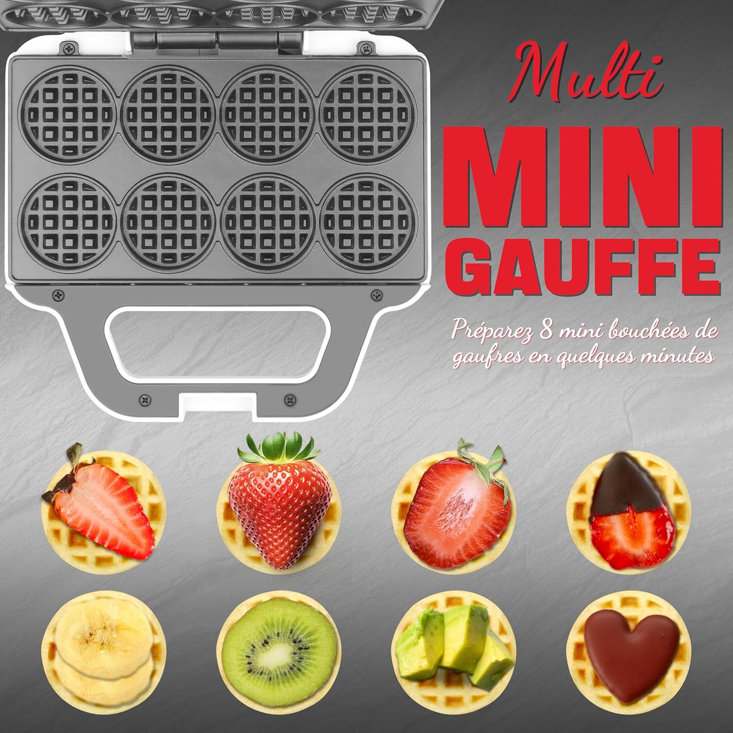 Mini Waffle Maker - petit gaufrier 8x5cm, compact, surface antiadhésive, recette incluse, blanc