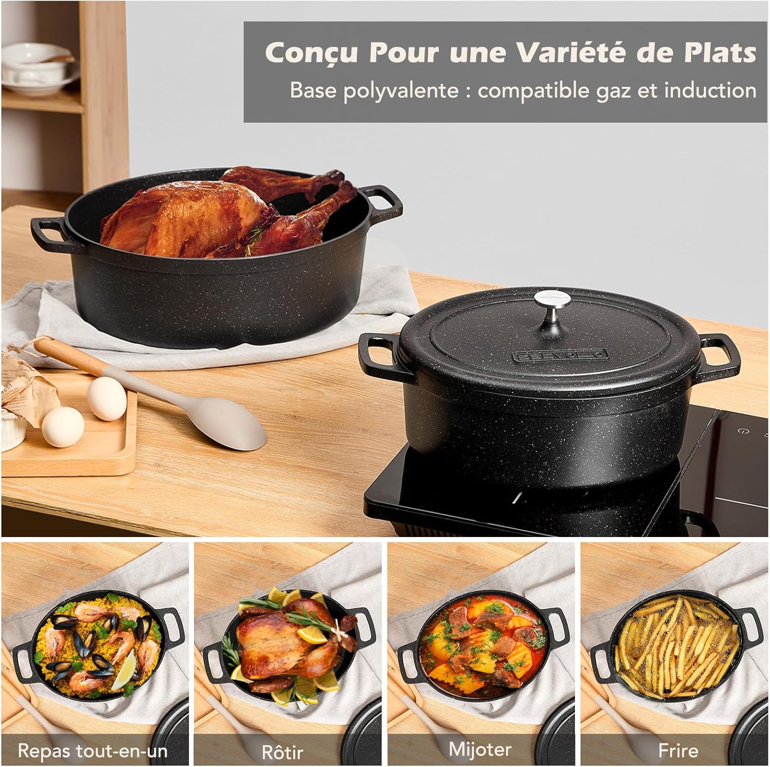 Cocotte fonte aluminium ovale 31cm 6,3L, antiadhésive, noir
