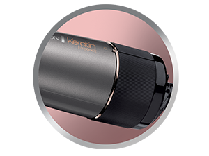 Plans rapprochés d'un appareil cylindrique noir et or rose présenté sous plusieurs angles.