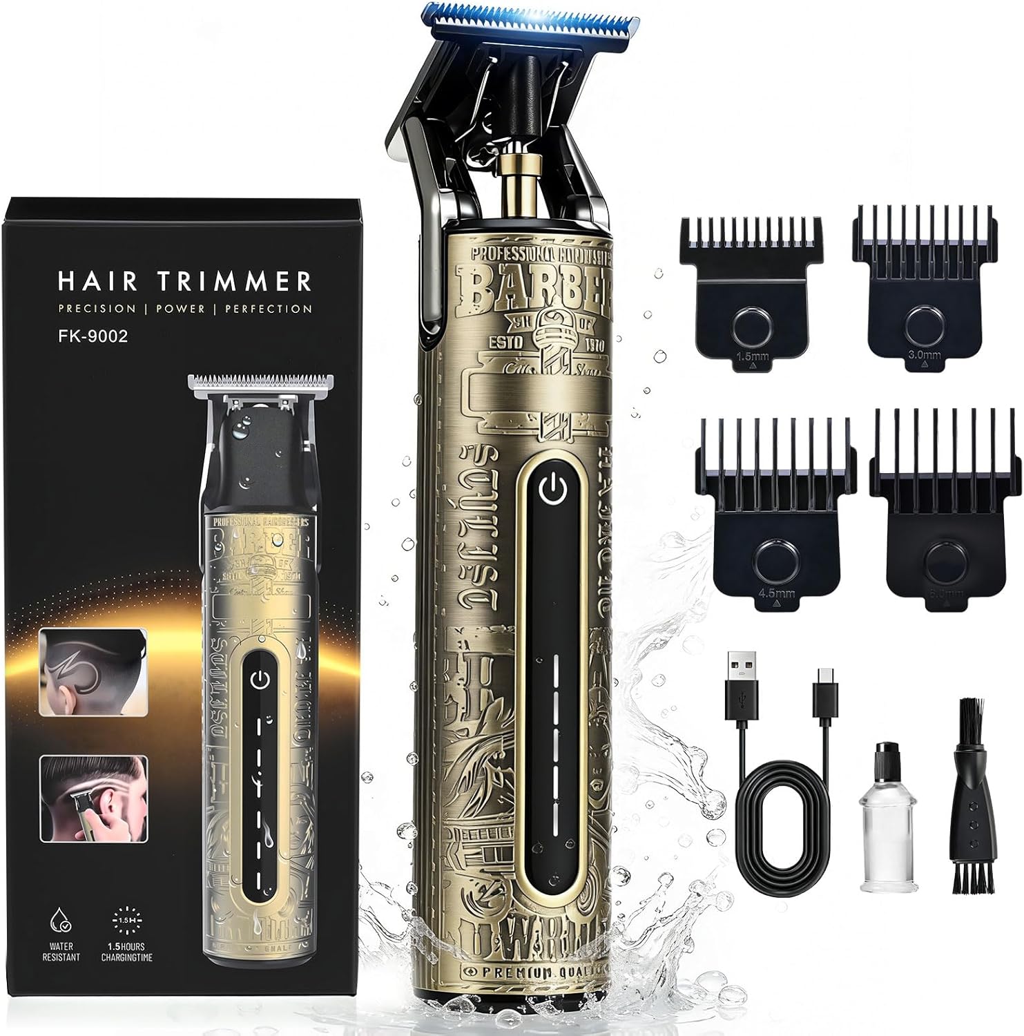 Tondeuse barbe homme - professionnelle - Charge USB Type C - 4 sabots magnétiques, IPX6, usage sec/humide