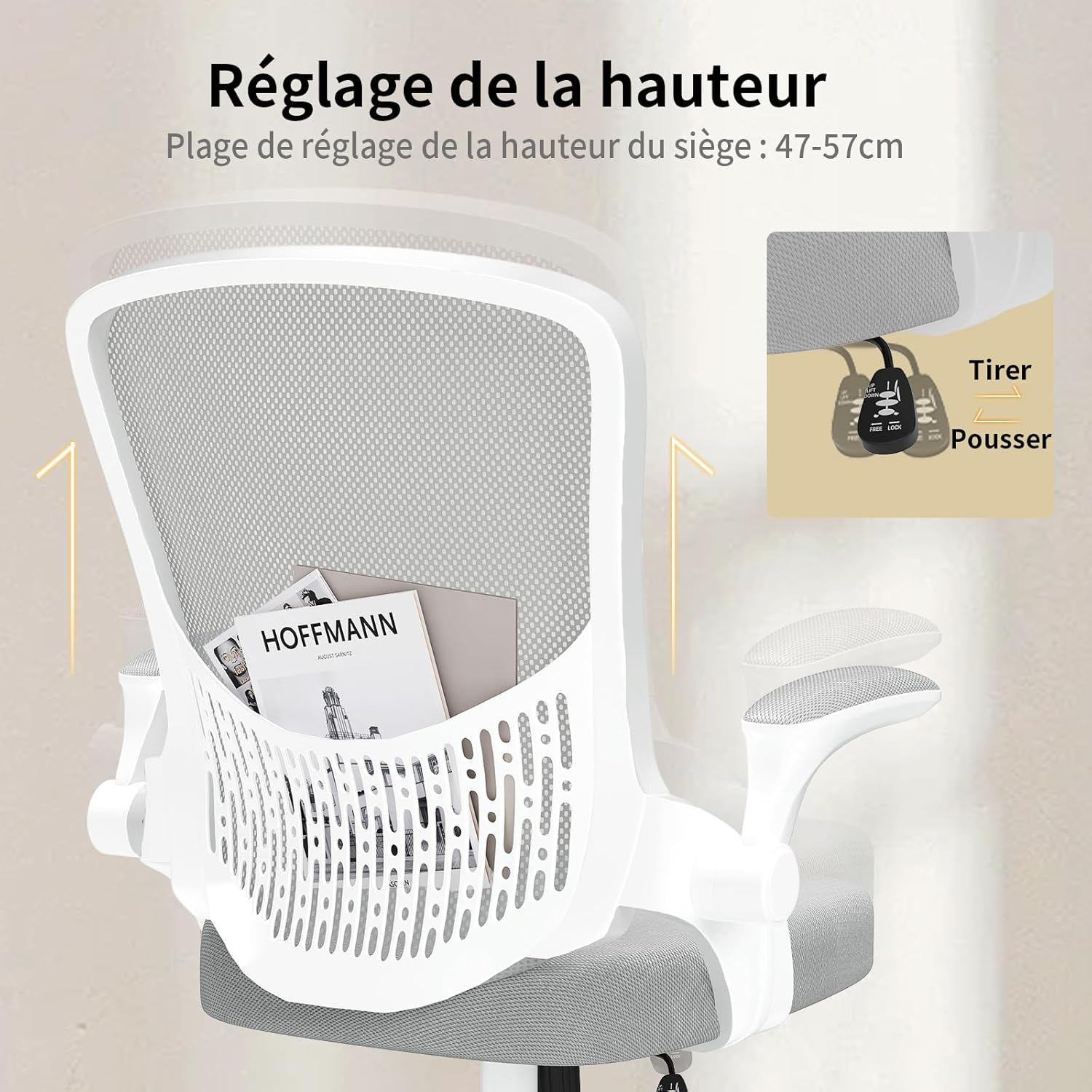 naspaluro - chaise de bureau ergonomique, accoudoirs réversibles, maille respirante, hauteur réglable, soutien lombaire