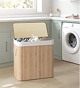 en bambou avec doublure en tissu pour la cuisine. Les caractéristiques comprennent un couvercle et une forme rectangulaire, positionnés à côté d'une machine à laver.