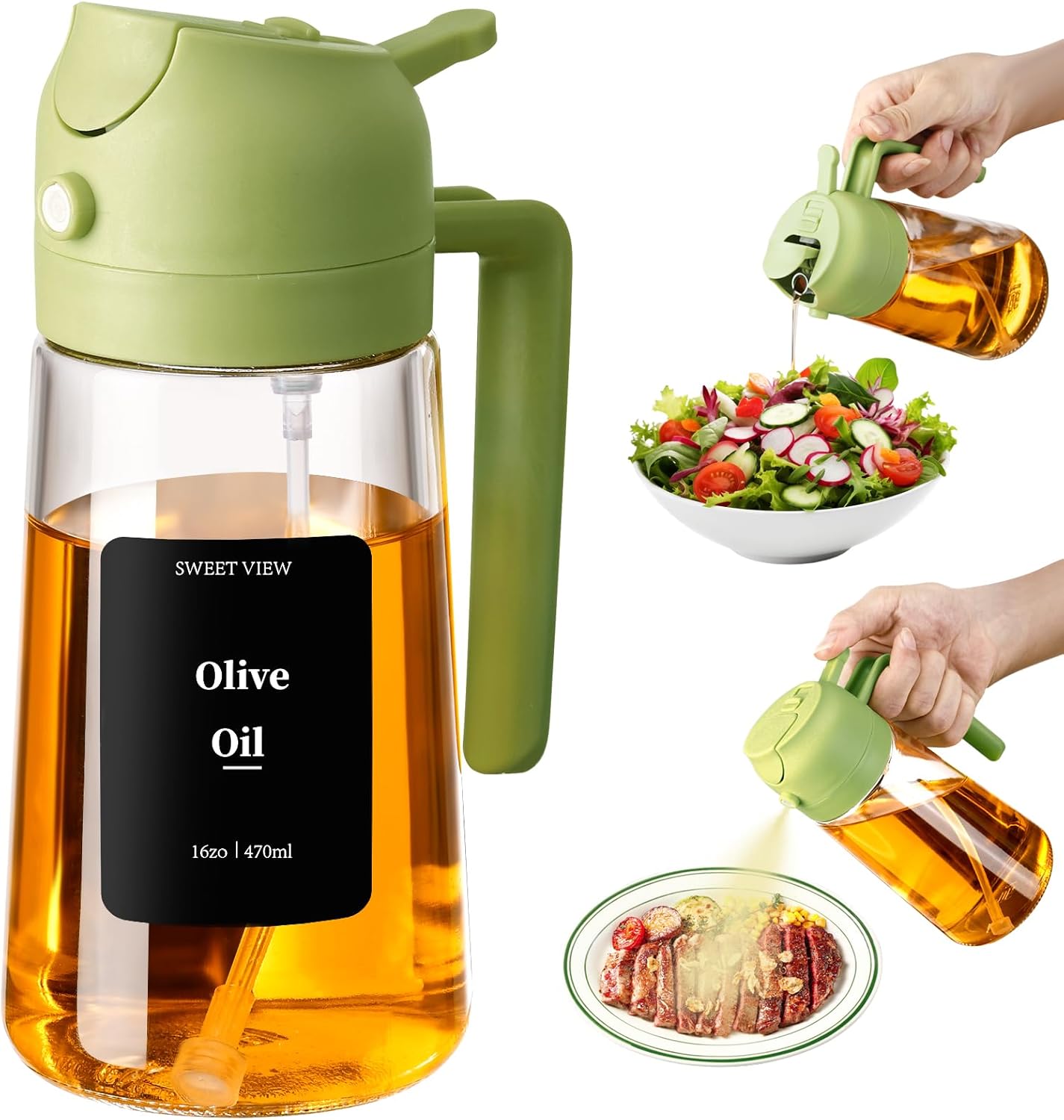 Flacon pulvérisateur d'huile d'olive - verre 470ml - bec verseur 2 en 1, multifonction