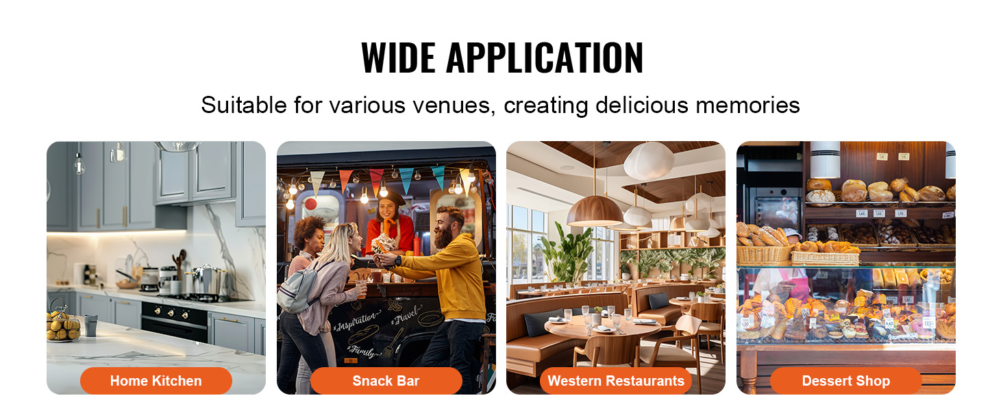 Le texte indique « APPLICATION ÉTENDUE ». Collection de photos intérieures montrant divers décors de lieux, notamment des salles à manger et des espaces événementiels.