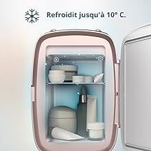 Le texte indique « Refroidir jusqu'à 10 °C » Appareil compact blanc illustré en train de refroidir ou de ranger des articles, avec plusieurs vues montrant le compartiment intérieur et le mécanisme d'ouverture de la porte.