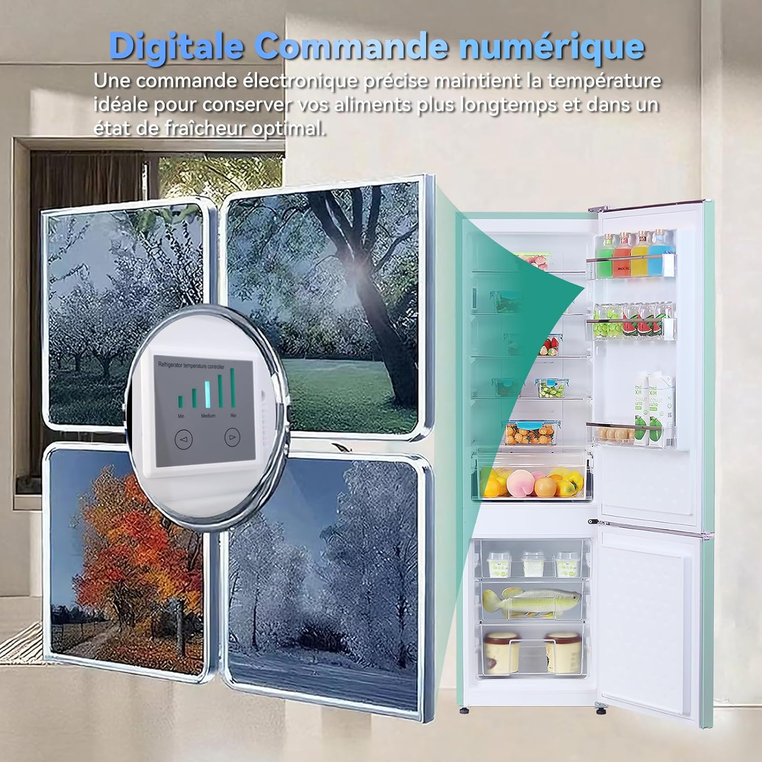 magictec - frigo vintage combiné 179cm, 236L, no frost, vert matcha