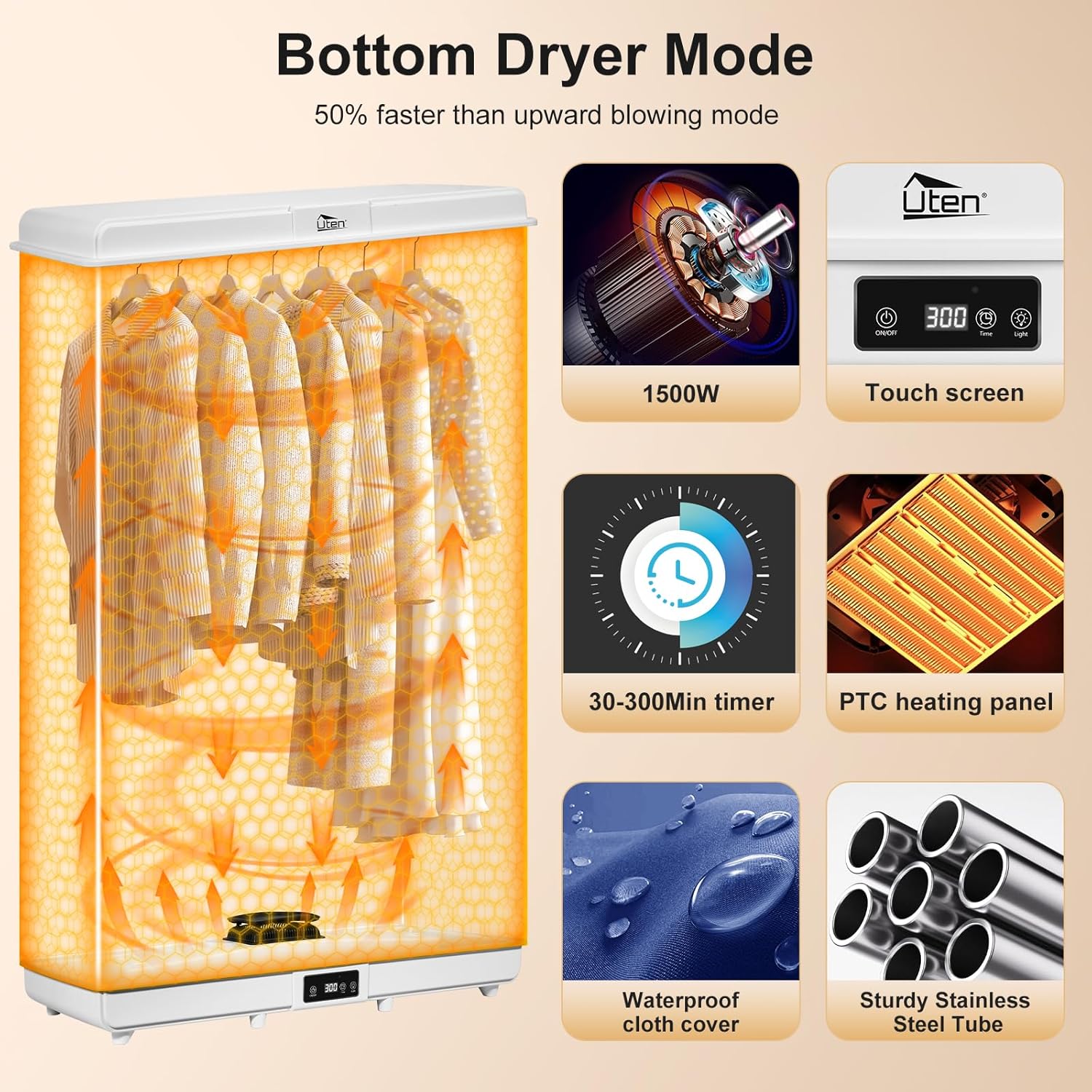 Sèche-linge électrique portable, 1500W, amovible, minuterie, compact