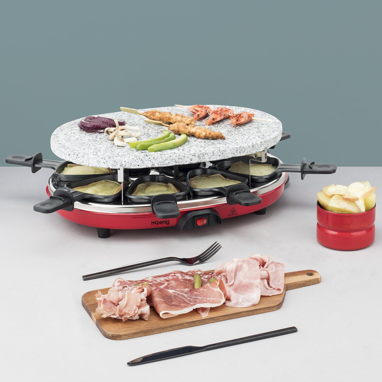 H.Koenig - Raclette multifonction 8p - pierre naturelle - grill, mini crêpes, 8 poêlons antiadhésifs - RP412