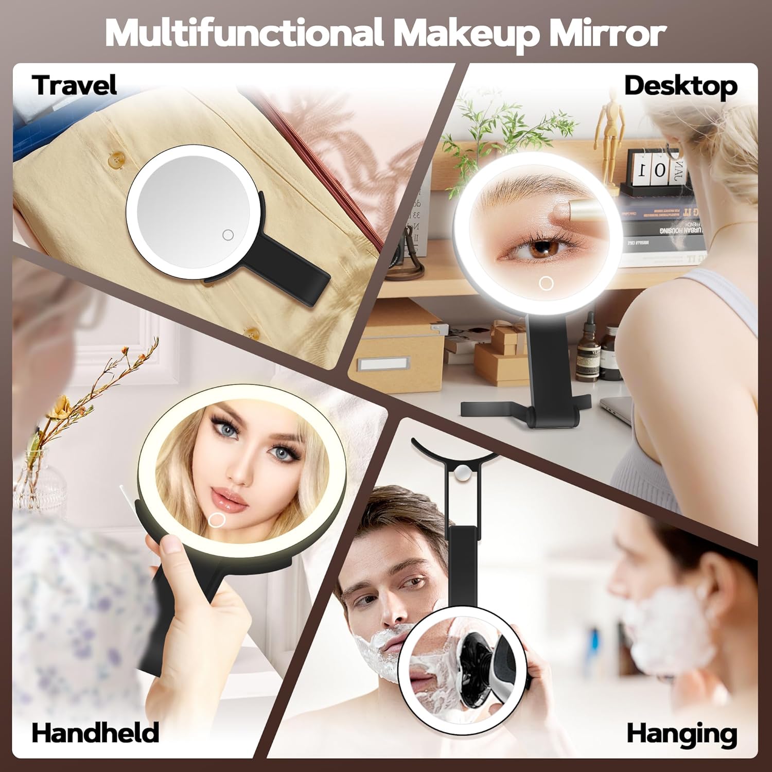 B Beauty Planet - miroir maquillage double face 30X/1X - lumière réglable & pince - pliable, noir