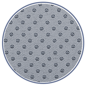 Tapis ou sous-verre circulaire en tissu gris avec motif à pois répétitif en gris foncé, avec un espacement uniforme entre les