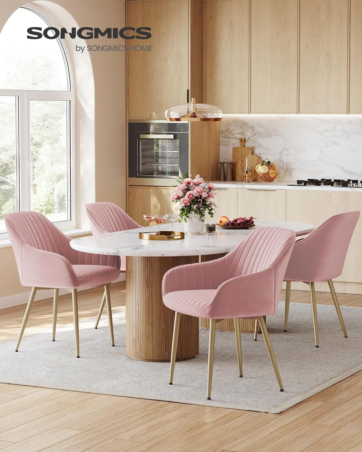 SONGMICS - fauteuil velours, lot de 6, accoudoirs, pieds métal, rose, LDC087R16