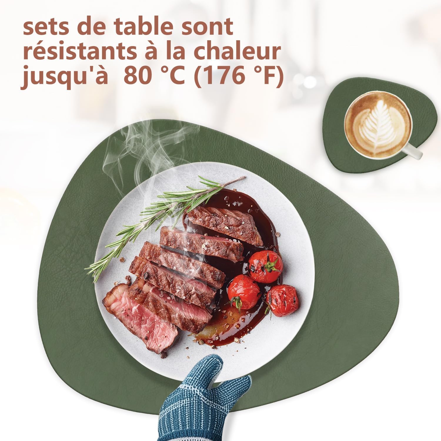 Set de table - lot 6 ovale 41x33cm - lavable, antidérapant, cuir PU, vert/gris