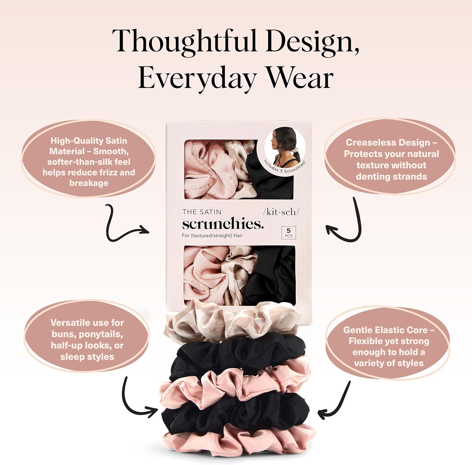 Kitsch - Chouchous satin femme - lot de 5 - ultra doux, anti-frisottis, usage jour & nuit