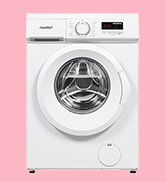 Image de produit minimaliste montrant un appareil électroménager blanc, qui semble être une machine à laver ou un appareil similaire, sur fond rose.