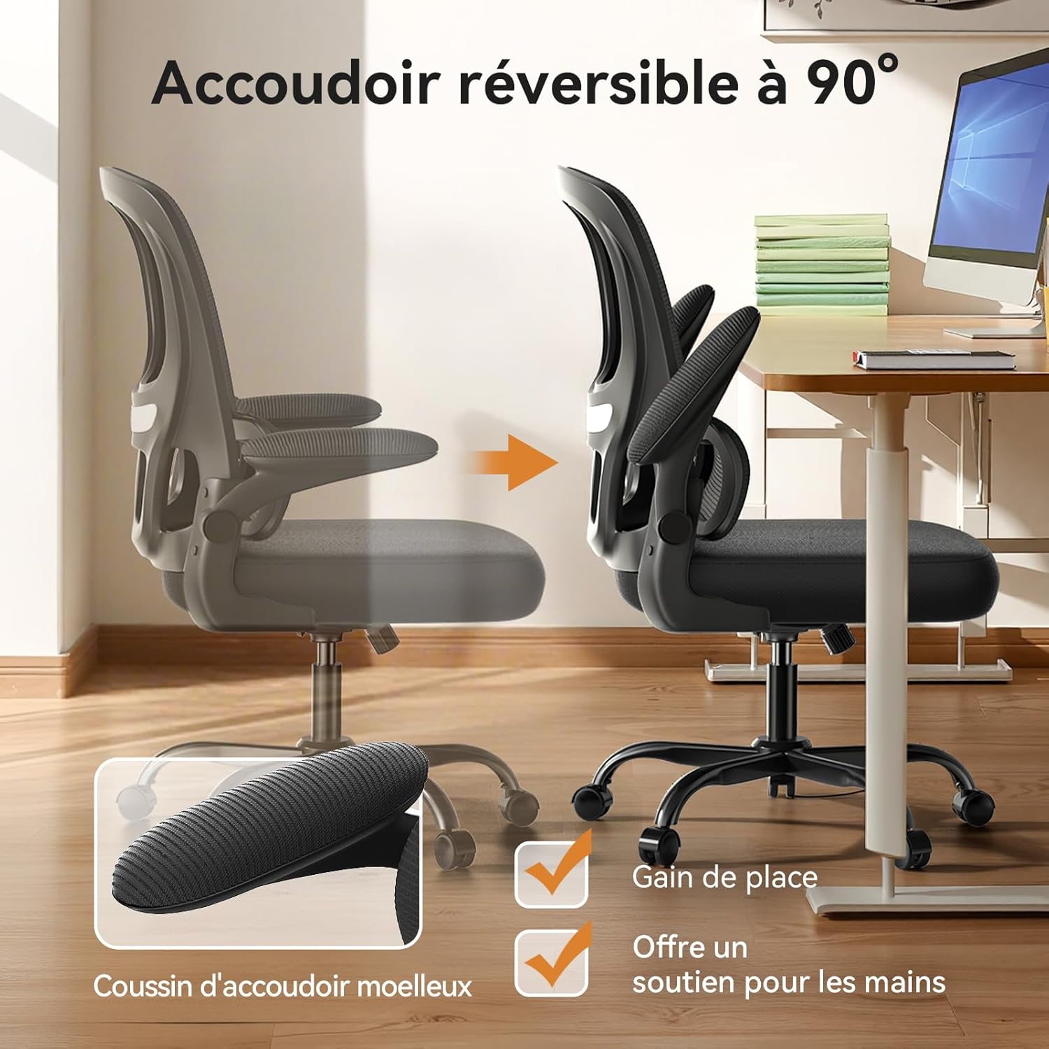 Naspaluro - chaise de bureau ergonomique - support lombaire C - accoudoirs réversibles, maille respirante, noir