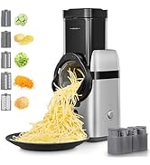 Râpe rotative en acier inoxydable avec bacs de collecte et icônes illustrant différentes options de râpage, illustrées par une sortie de légumes en spirale.