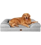 Grand lit orthopédique pour animaux de compagnie avec tissu texturé gris et côtés rembourrés surélevés. Trois vues montrant un golden retriever démontrant le design spacieux et les caractéristiques de soutien du lit