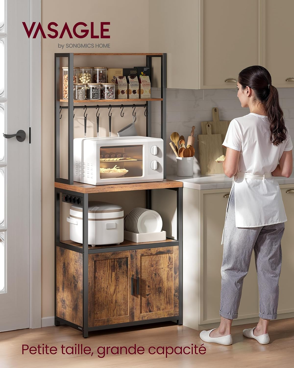 VASAGLE - étagère cuisine série KKS - 40x60x170 cm - avec multiprise, 8 crochets, plan 90 cm, marron/noir KKS058K02