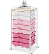 SYKIARIOL Chariot de salle de bain à roulettes avec 8 tiroirs, chariot à tiroirs avec plateau en bois...