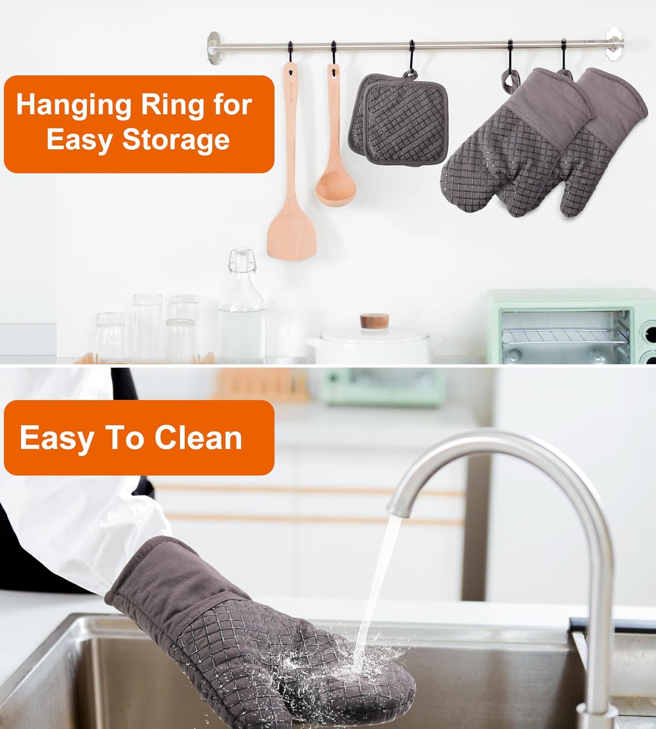 Maniques de Cuisine - lot de 4 - coton doux, silicone épais, antidérapant, résistantes à la chaleur, longues et flexible