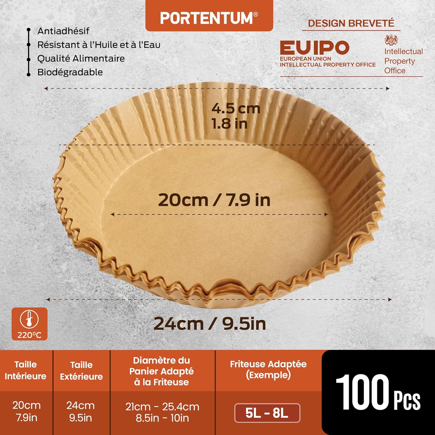 PORTENTUM - Papier cuisson air fryer - 20×24 cm, 100 pièces, BPA free, pour friteuse 5–8L