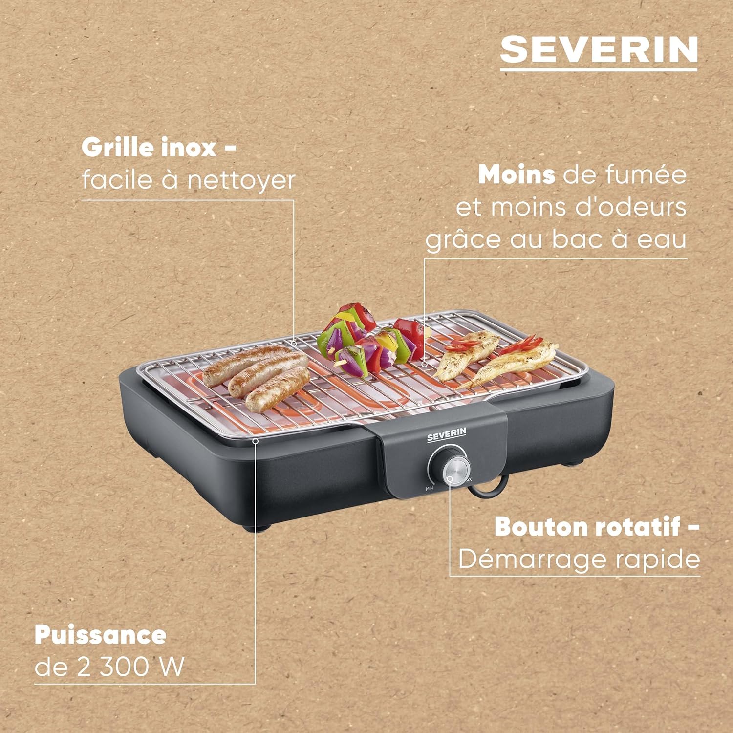 SEVERIN - Barbecue de Table - 37x29 cm - 2300W, grille inox, bac à eau