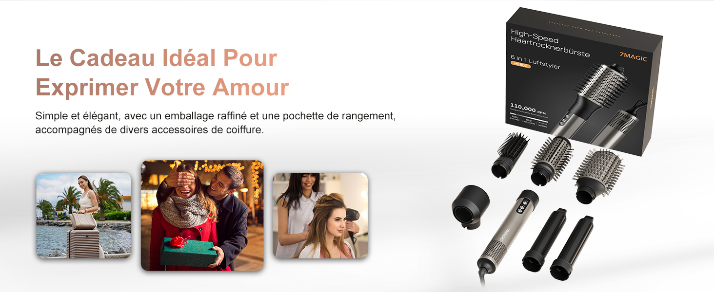 Le texte se lit comme suit : « Le Cadeau Idéal Pour » et « Exprimer Votre Amour ». Collection de photographies illustrant des moments d'offre de cadeaux et des présentations de produits dans un collage marketing.