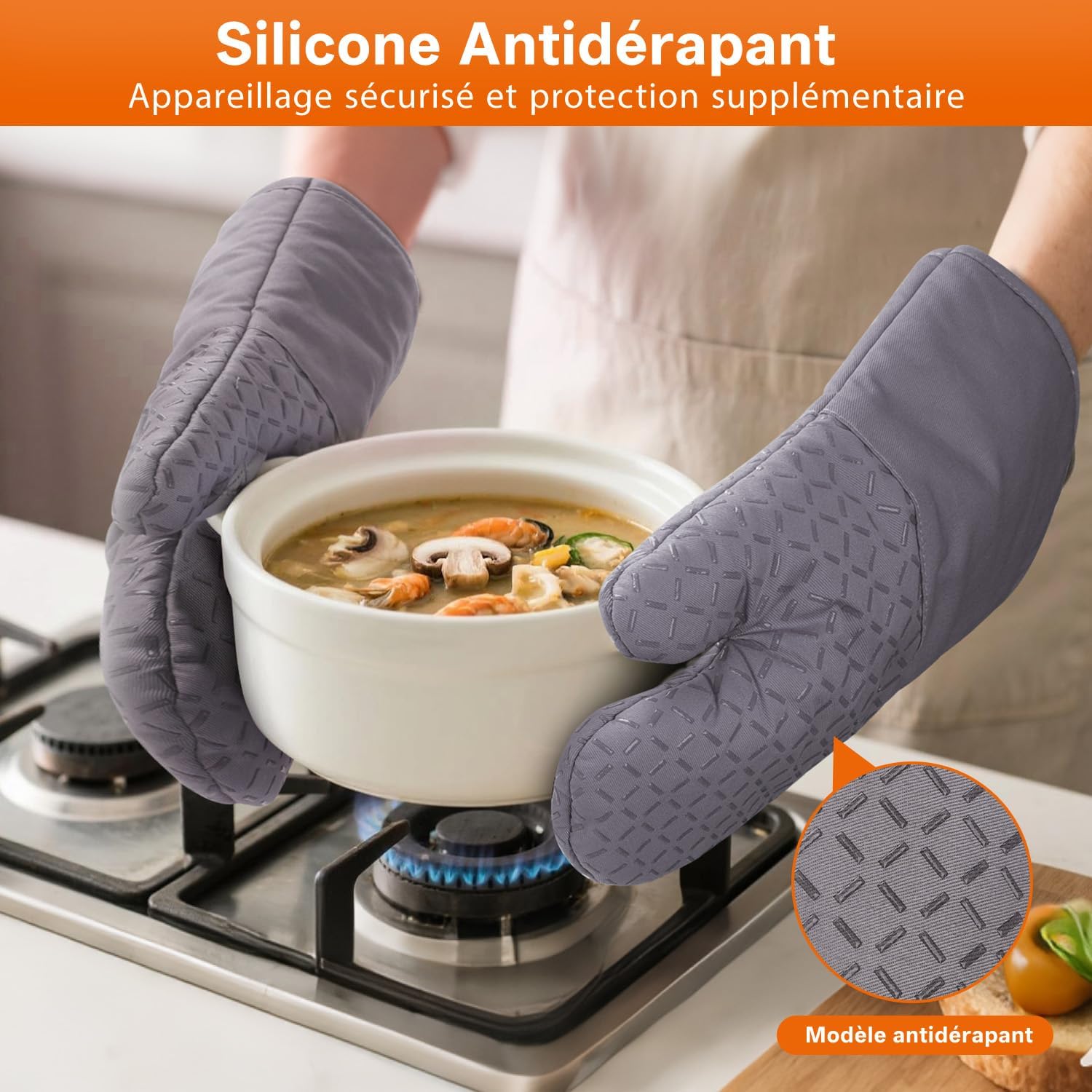 MILcea - gants de cuisine série lot de 4 - 32cm - silicone antidérapant, coton doux, résistance 300°C