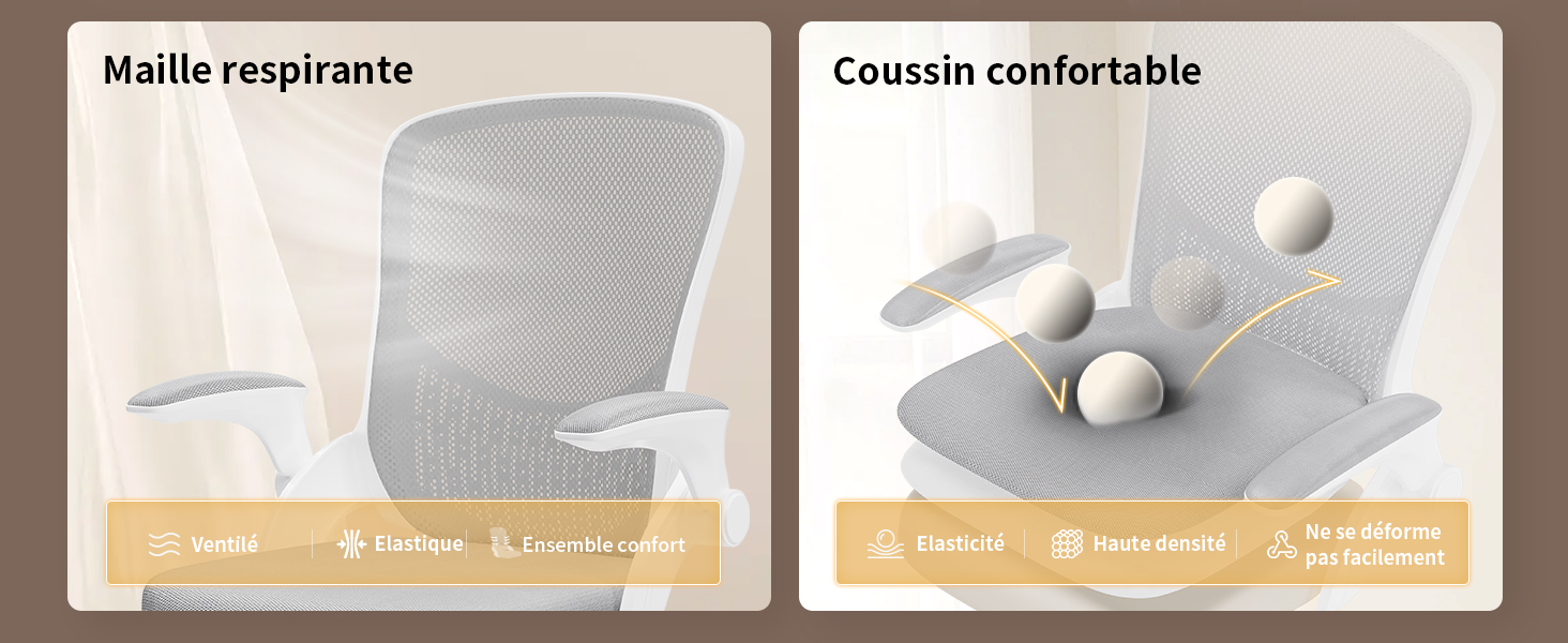 Image divisée des caractéristiques de la chaise : le panneau de gauche montre un matériau en maille respirant, le panneau de droite présente un coussin confortable avec des éléments réglables.