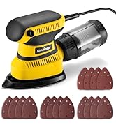 Ponceuse électrique jaune et noire présentée sous plusieurs angles avec divers accessoires de ponçage. Démontre différentes positions et comprend des patins abrasifs bruns.