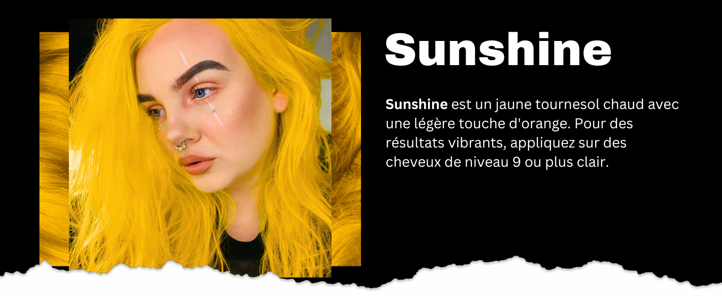 Publicité d'un produit de teinture capillaire jaune vif mettant en vedette une femme aux cheveux jaunes éclatants sur fond foncé. Le texte décrit le produit comme une teinte de tournesol jaune chaud.