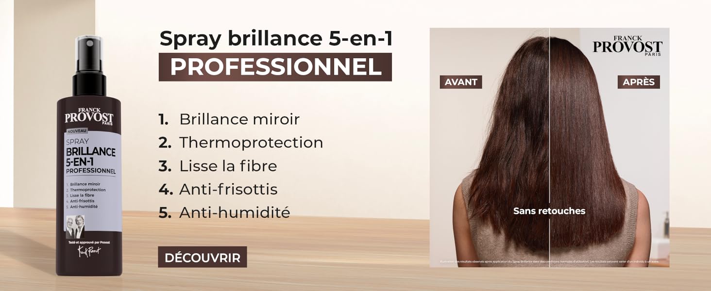 Le texte indique « Spray brillance 5-en-1 PROFESSIONNEL ». Images de démonstration du produit montrant les étapes d'application des soins capillaires et les instructions avec des photos du produit en bouteille.