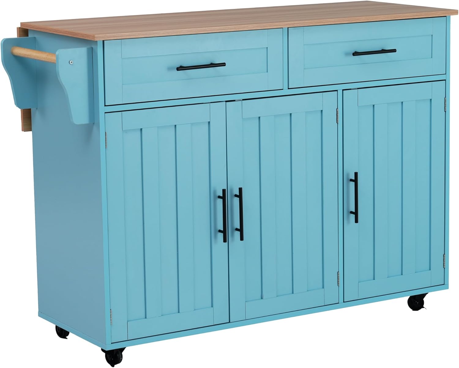 Desserte îlot de cuisine sur roulettes - 129x71x91,5 cm - plans rabattables, 2 tiroirs, 3 portes, bleu