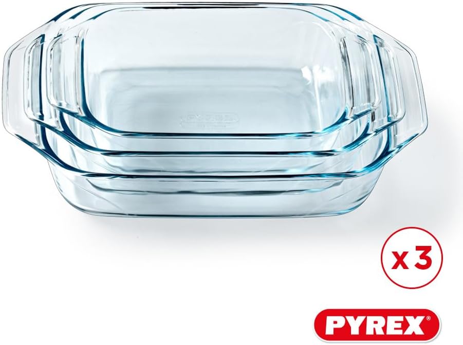 Pyrex - Lot de 3 Plats à Four - Rectangulaire - Larges poignées - Format Familial - Verre Borosilicate - Extrême Résistance - Made in France