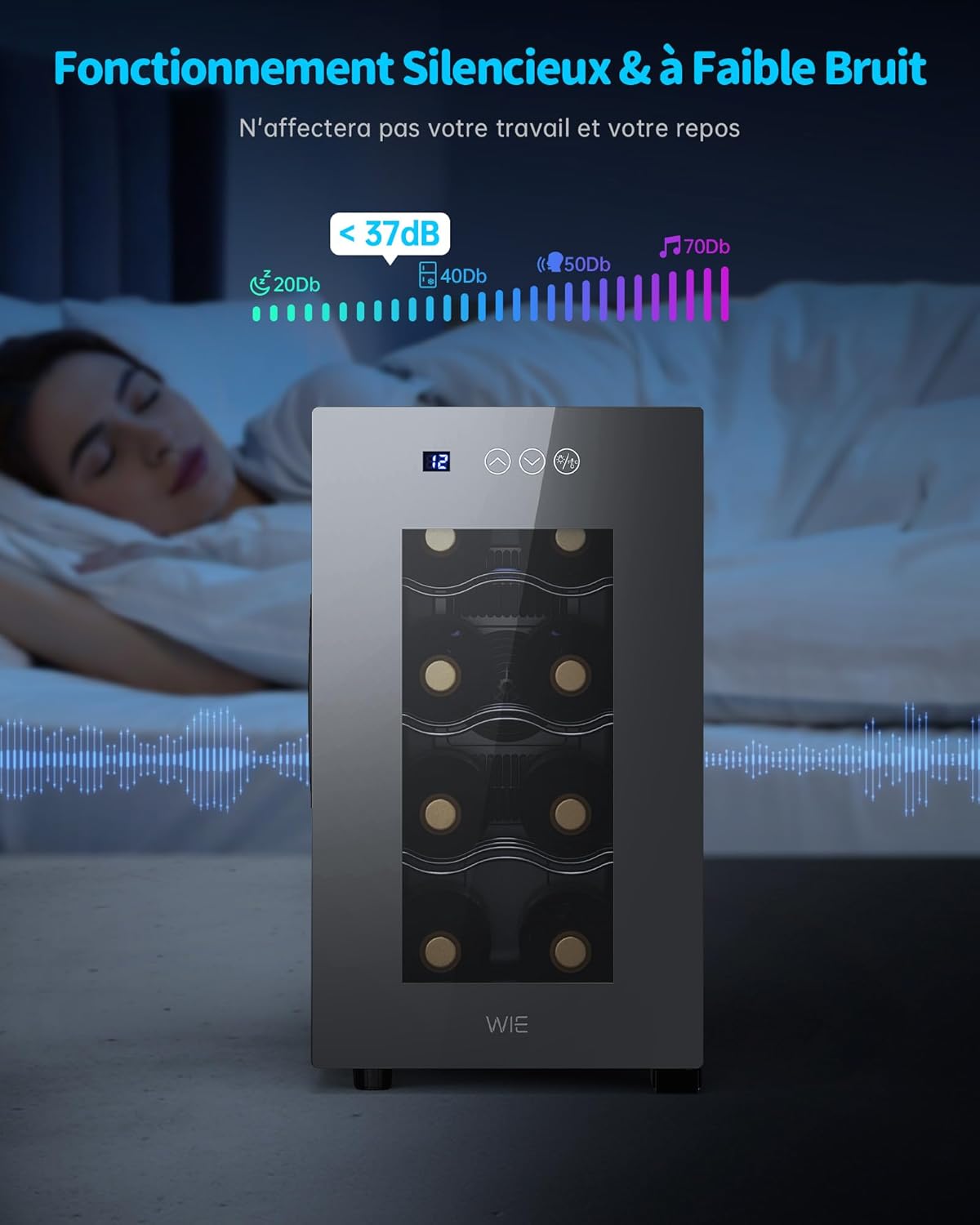 WIE - Cave à vin 8 bouteilles, 23L, façade miroir, écran tactile, ultra-silencieuse