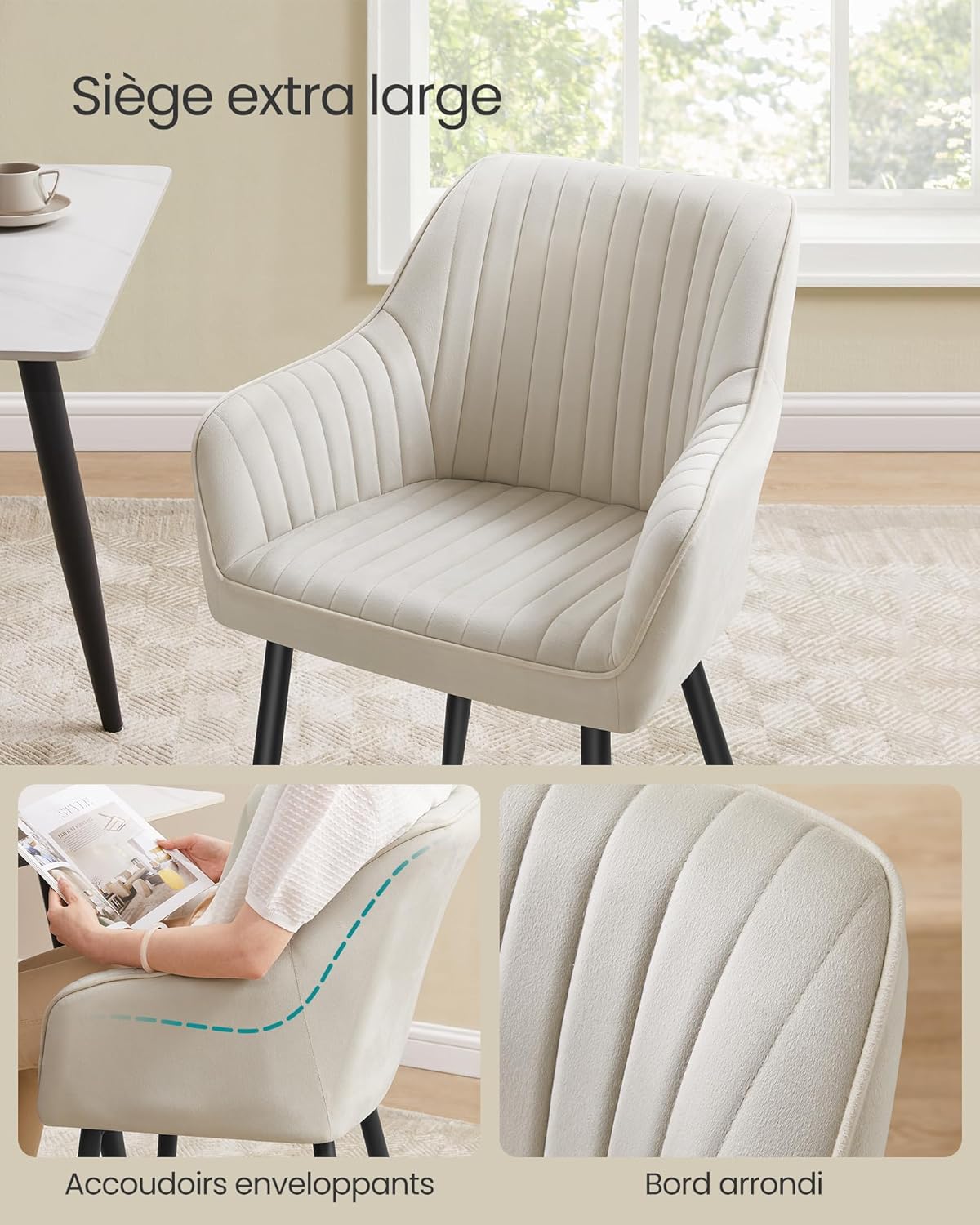 SONGMICS - fauteuil salle à manger 6 places, velours, accoudoirs, pieds métal, 120kg, beige cappuccino/noir - LDC087W16