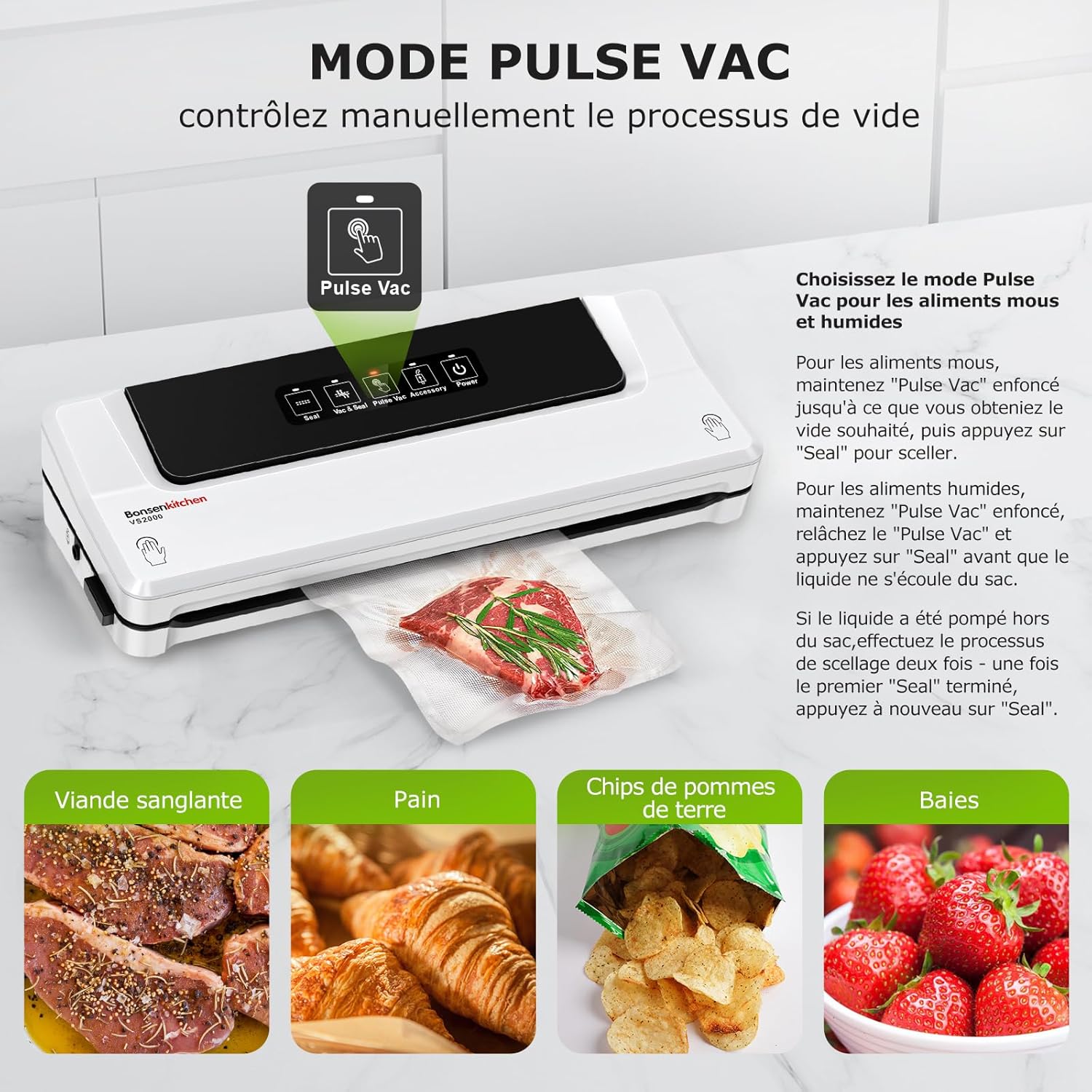 Bonsenkitchen - machine sous vide alimentaire - compacte - cuisson et conservation, 5 sacs inclus